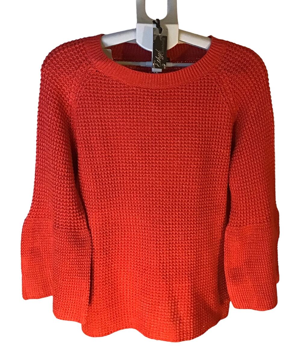 Ethyl Poppy Red Bell Sleeve Waffle Knit Sweater Women’s SZ. M NWT
